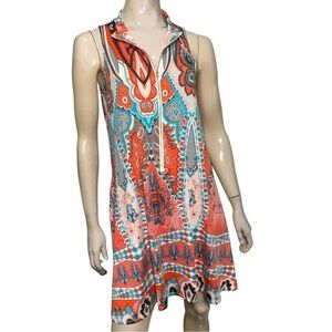 Julian Chang Women’s Size M Orange Paisley Half Zip Sleeveless Swing Dress
